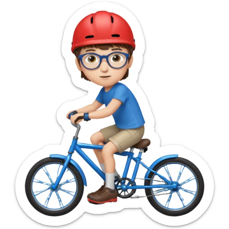 12 year old boy with short brown hair and a fringe, round glasses, blue eyes, riding a blue bike, wearing a red helmet sticker