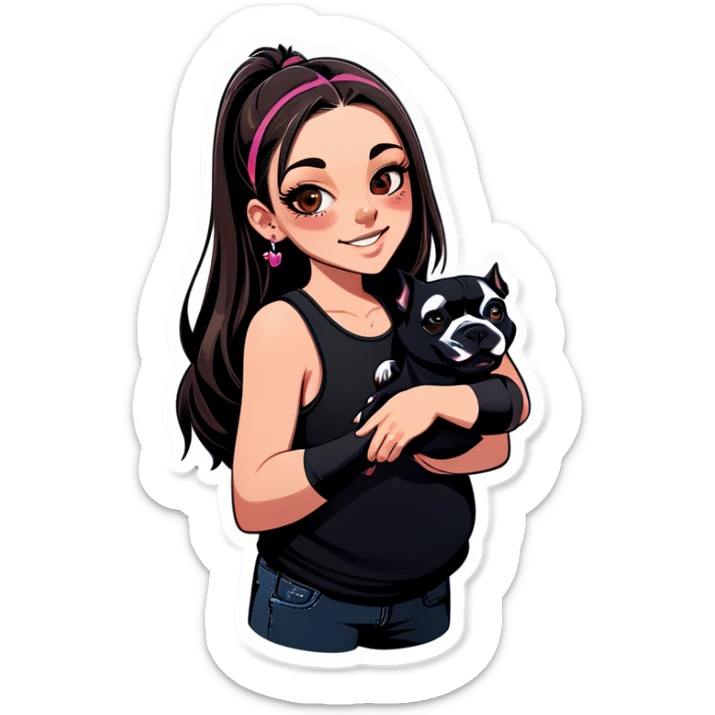 Slightly overweight beautiful girl with choppy long dark hair with her nose piercing and her black iPhone with her her pet pit bull girl with an underbite layed next to her sticker