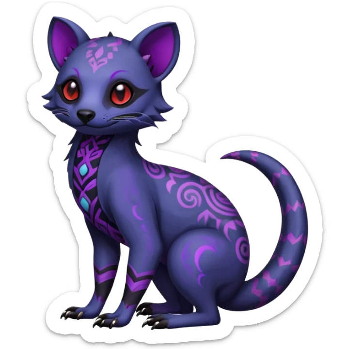 Rare warm-colored exotic gloomy tropical edgy cute epic aesthetic spooky indigo violet purple black red gothic colorful Salandit-Civet-species-Fakemon-hybrid-creature, with tribal tattoo markings, full body sticker