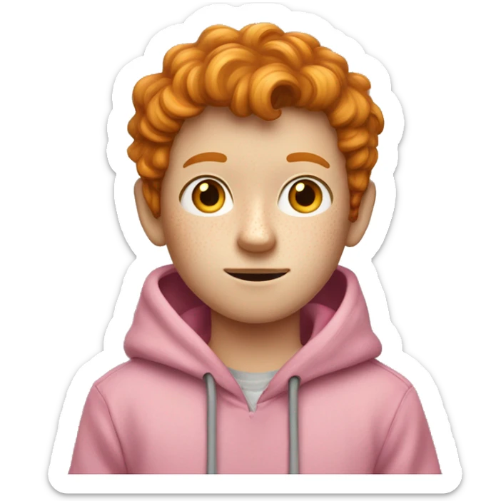 a ginger-brown freckled boy in a pink hoodie holding a yellow pencil  sticker