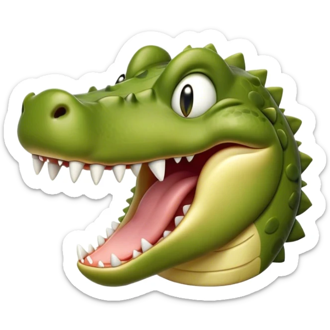Cinematic Realistic Cute Yawning Crocodile Portrait Emoji, Head tilted slightly with a dramatic, wide-open yawn, showcasing a soft, textured olive-green hide with gently drooping jaws and half-closed, drowsy eyes rendered in exquisite natural detail, high shine, relaxed yet expressive, styled with a dash of primal charm, soft glowing outline, capturing the essence of a sleepy yet affectionate crocodile that appears ready to stretch out and drift into a deep, ancient slumber! sticker