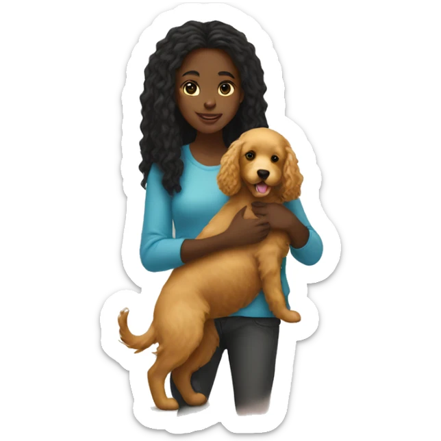 black girl with long hair holding a golden doodle puppy sticker