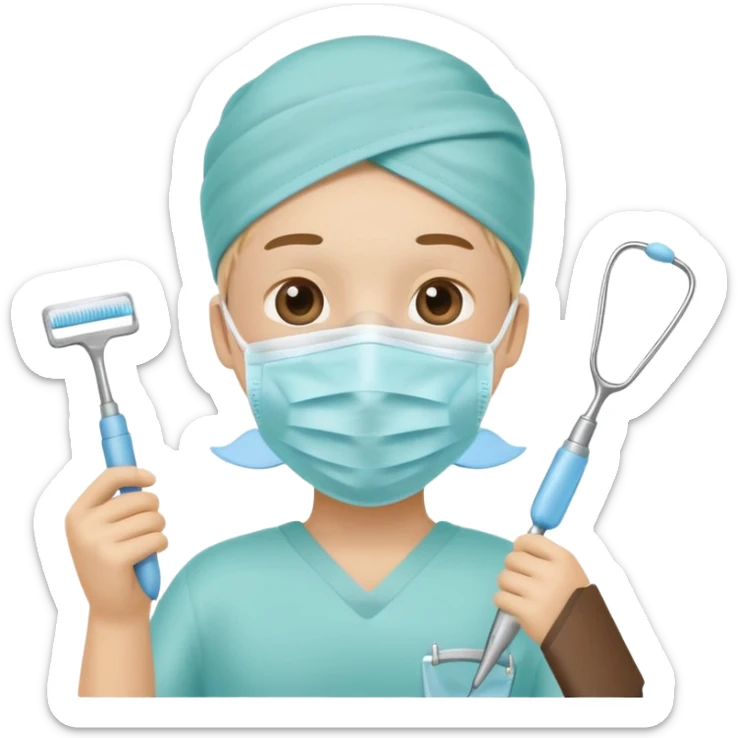 Tooth character wearing a medical face mask, holding dental equipment, clean flat illustration, simple emoji design, suitable for Canva.” sticker