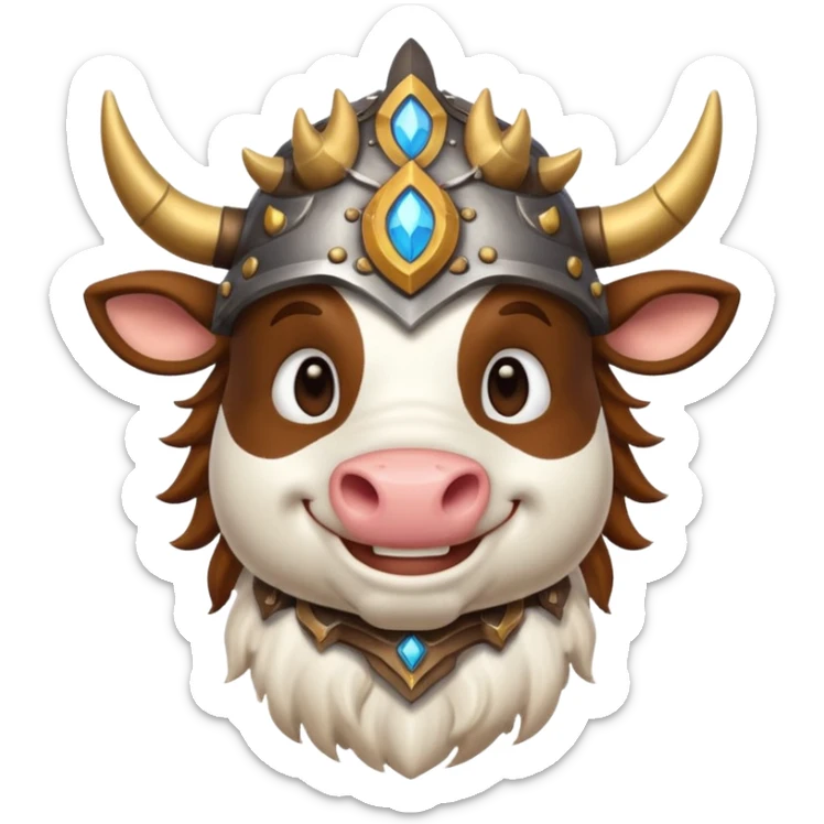 cow character inspired by World of Warcraft, in fantasy armor, stylized as a classic emoji sticker