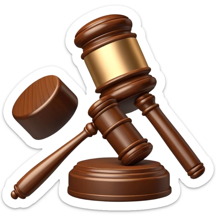 An emoji representing justice and penalty. A wooden judge's gavel striking a sound block, symbolizing a legal decision or punishment. The design is simple, 3D, and slightly glossy, resembling official court decisions sticker