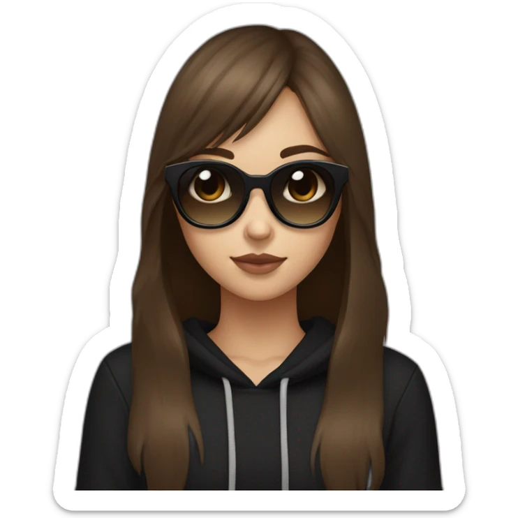 a girl with brown medium hair and with long bangs to eyes, Brown eyes; she have a black cat in hands; she have a black square sunglasses; she's wearing a black hoodie sticker