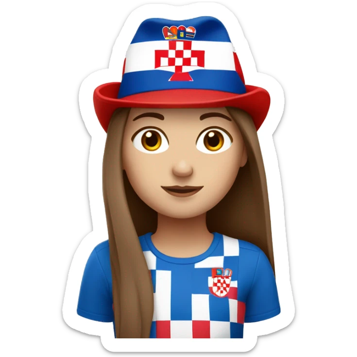 white girl with long brown hair and a croatia flag hat on her head sticker