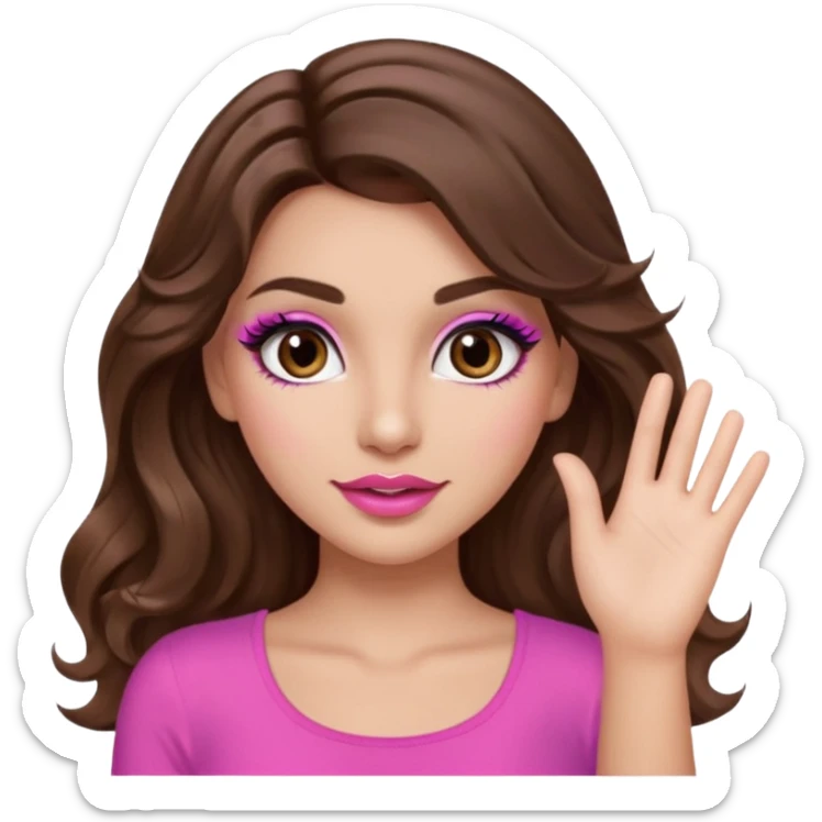girl with long wavy brown hair, brown eyes, long lashes makeup, sexy pink lips, light to medium complexion, pink sexy top,waving sticker