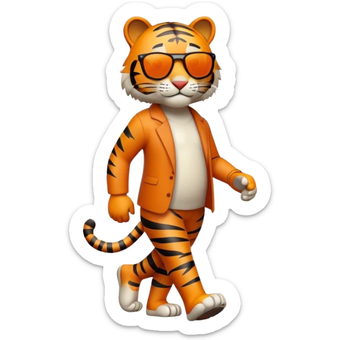 friendly anthropomorphised tiger in casual clothing, wearing dark sunglasses, walking upright in relaxed pose sticker