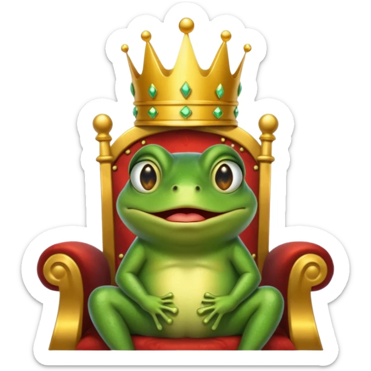 A cry frog wearing a crown, confidently sitting on a golden throne, cry tear from eyes, portrait, bust up sticker