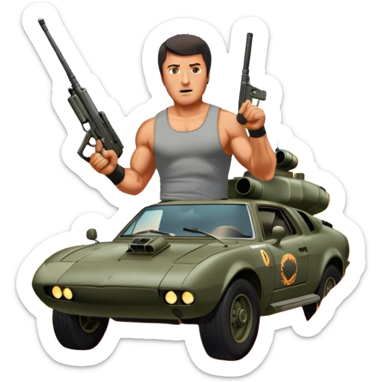 Icon for Action Movie: A vintage movie poster-style design featuring intense action scenes with explosions, weapons, and dramatic poses of Stallone. Include cars and helicopters flying out of flames in the background. Bold typography and retro cinematic style. Transparent background. sticker