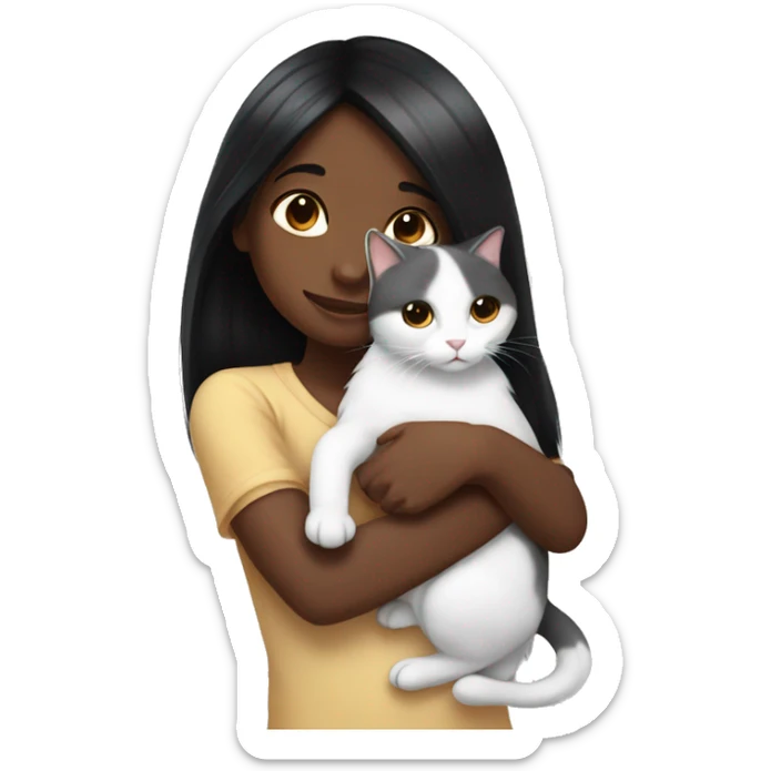 girl with very long black hair and brown skin hugging a white cat sticker