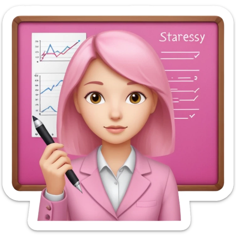 pink board with a girl writing on it and on the board there are graphs and a title "Business Strategy" sticker