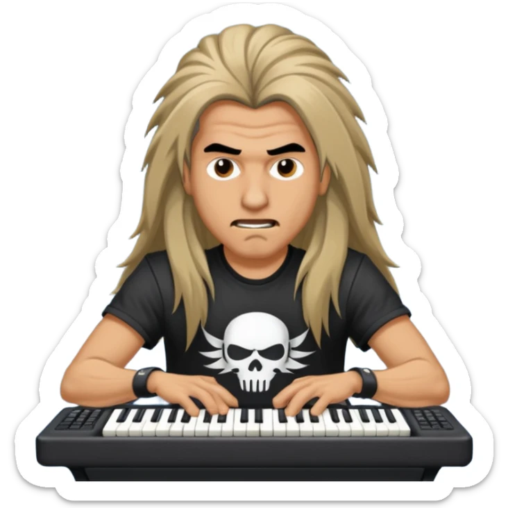 A long haired keyboardist headbanging, the keyboardist is rebellious in their clothing style. sticker