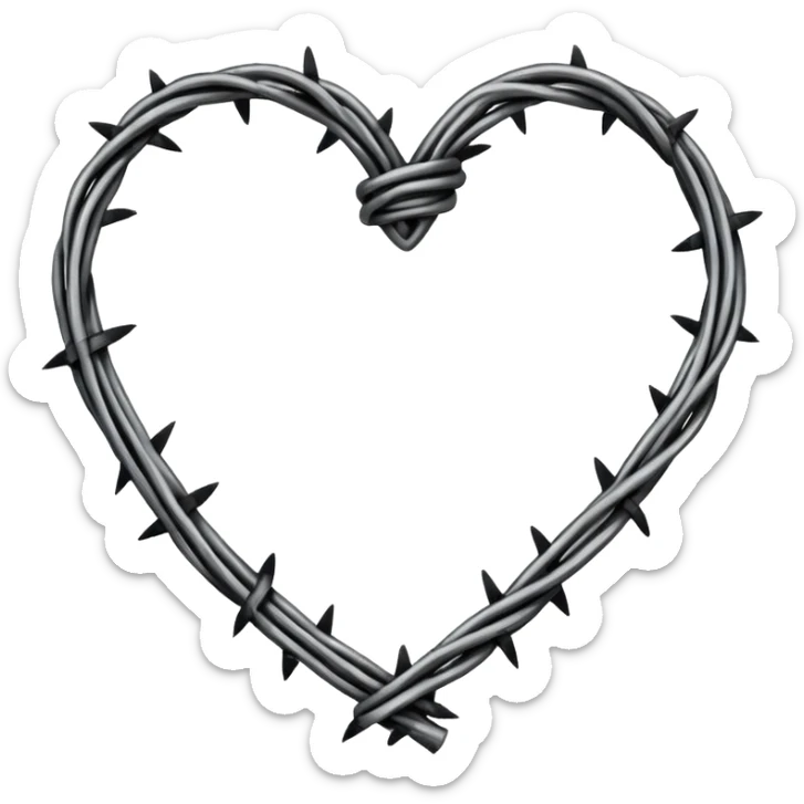 Minimal black line art heart made from barbed wire, hand-drawn sketch look, uneven ink strokes, 6–7 barbs with twisted knots, simple clean outline, centered on plain white background, high contrast sticker