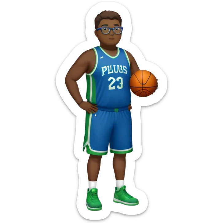 Full Body white plus size male basketball player wearing glasses wearing blue green uniform sticker