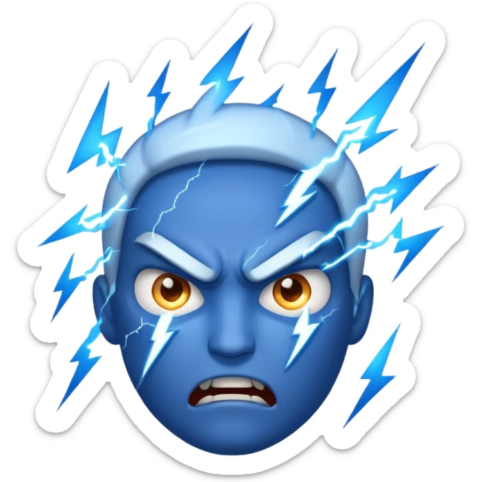 Rayos, centellas y estrellas en una cara color azul con expresiones de furia sticker