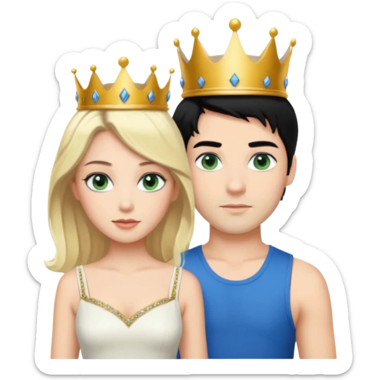 Prince with crown, black hair, body, legst, blue eyes, woman blonde hair, green eyes, sexy white short sleveless dress,  sticker