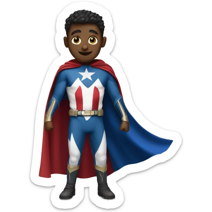 Emoji of Homelander from ‘The Boys’ series. USA flag-inspired costume with cape (red, blue, white). Confident, slightly menacing expression. sticker