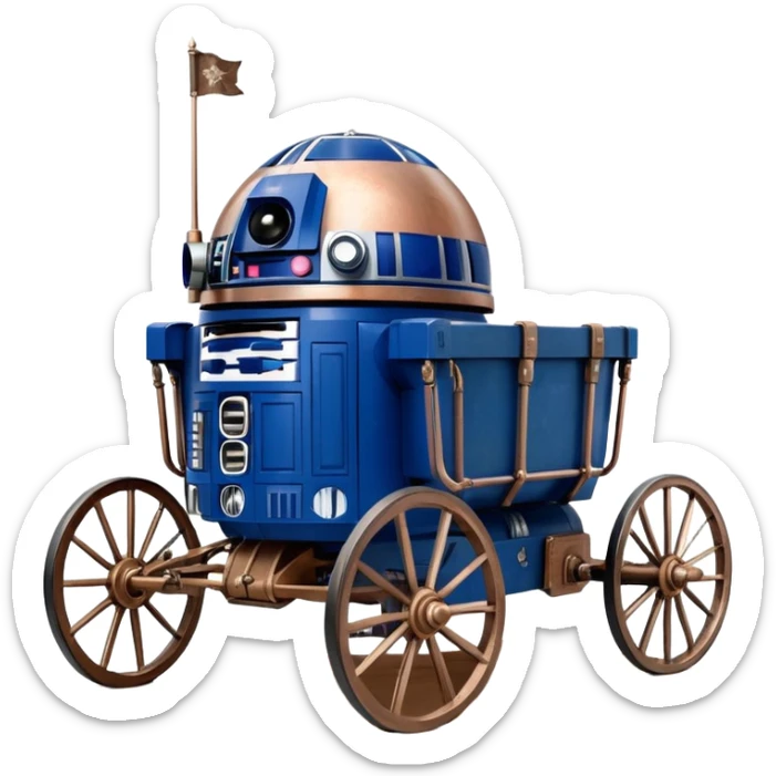 Old American West tarnished R2D2 bounty policeman in 1854 delicately ornate rosegold accents painted buggy buckboard wagon powered by electric motors and batteries with safety features and belts flying rapidly across rough dusty terrain stable on strong agile futuresteampunk suspension and steering  sticker