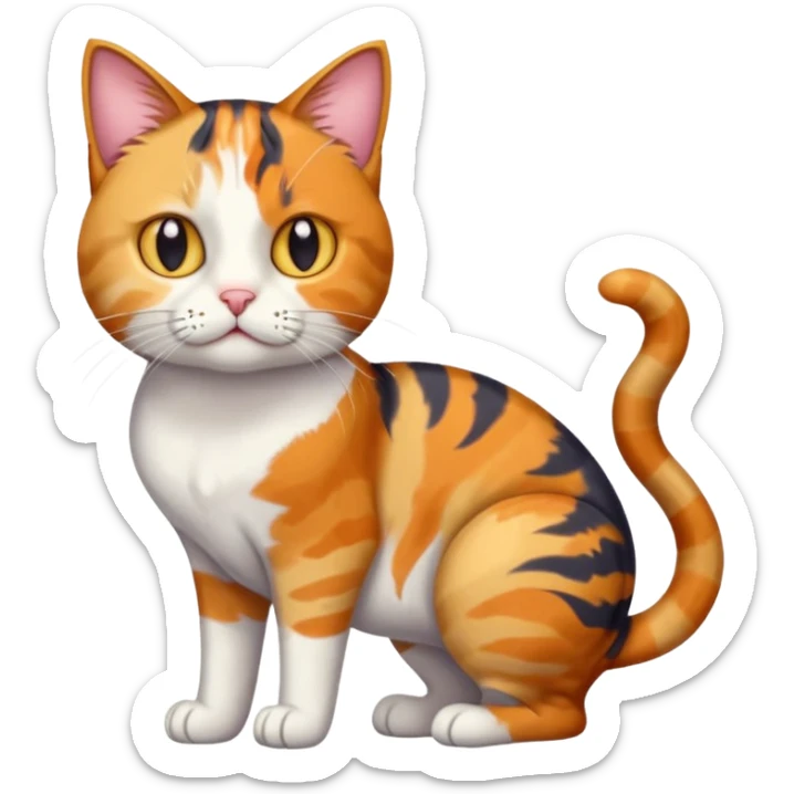 full body colourful calico tabby cat with disproportioned head with an anxious face and white front legs sticker