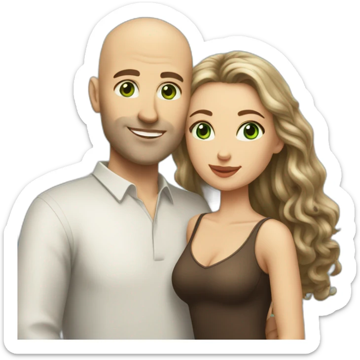 caucasian bald man with green eyes and a caucasian woman with long curly dark hair and brown eyes kissing sticker