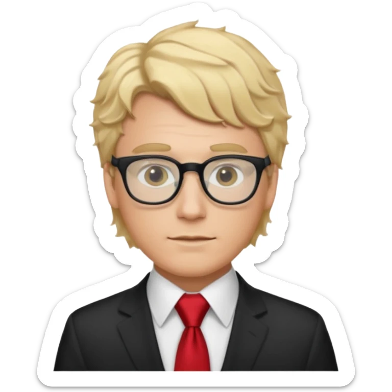 white man in white shirt, having red tie, blonde wavy hair, wearing glasses sticker