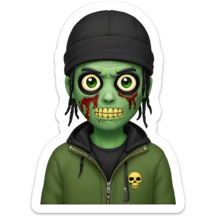 a zombie emoji with black dreads and a black carheartt jacket and black nike ski mask on his head sticker
