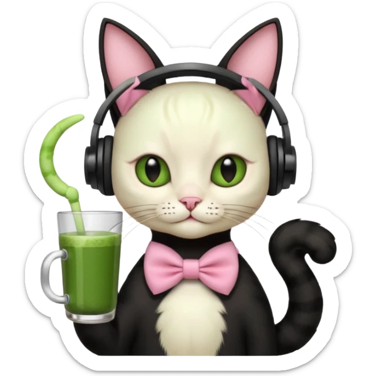 A black cat wearing cute headphones with a glass of matcha, a pink bow on his ear sticker