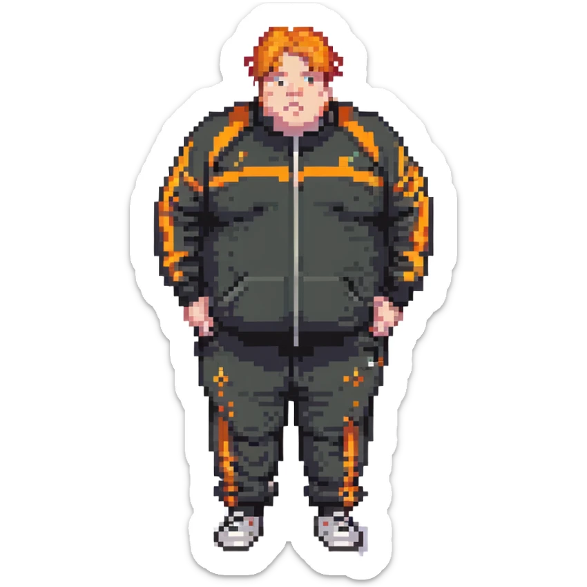 Extremely fat man with orange hair wearing black tracksuit with orange lines sticker