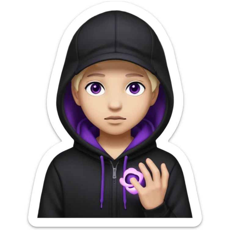 Carton character related to a shadow, with all black clothes, focusing a hoodie with his cap on, no visible face because of the darkness, just his purple shadow eyes making a light bloom sticker