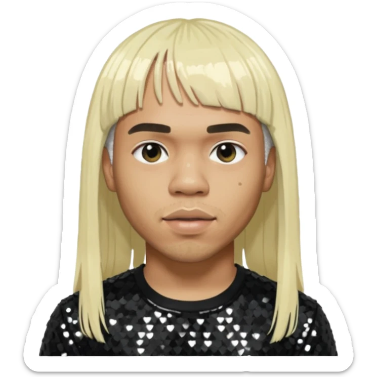 Anderson Paak with long platinum blonde hair with bang, black sequin outfit sticker