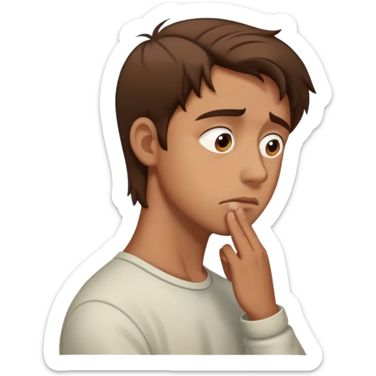 a man with brown hair staying in a
full height in profile with anxiety and begging face sticker