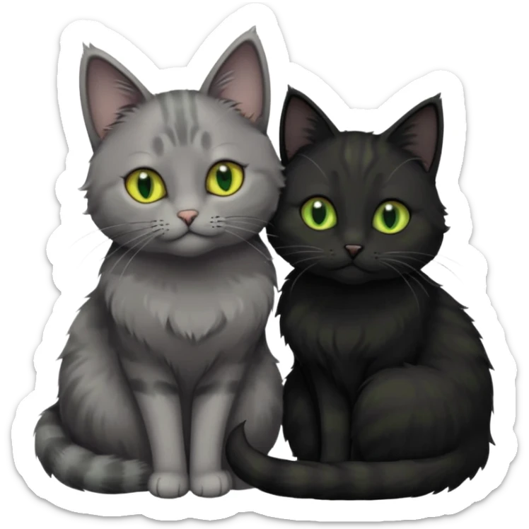 1 grey cat with green eyes and 1 black with yellow/green eyes cat cuddling sticker
