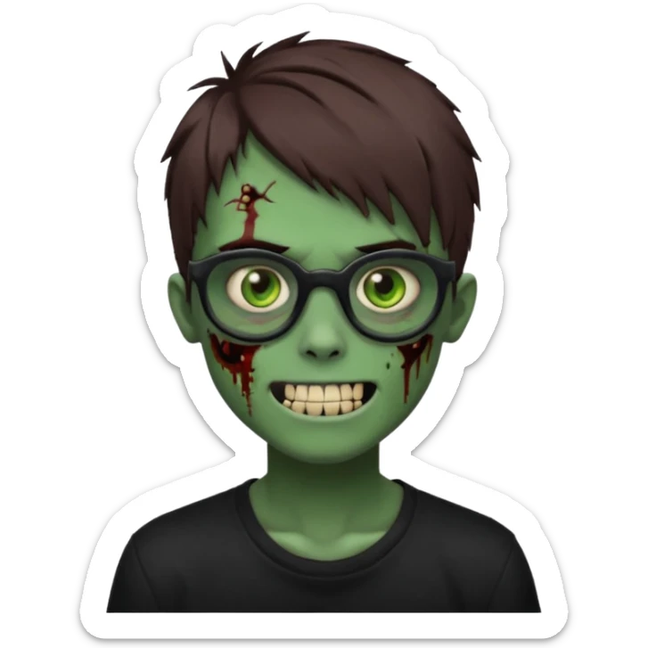 Zombie emo boy, green skin and brown hair and eyes, black glasses and a scary smile with a cut on the side, scars and blood under eyes sticker