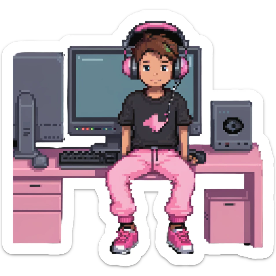 boy in pink pants sitting at a computer listening to music with headphones sticker