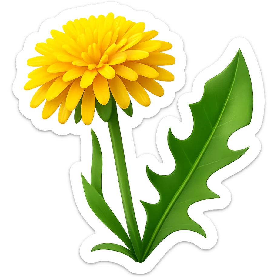 Create a 3D illustration of a dandelion in the style of iOS Apple emoji, featuring a voluminous yellow flower and a green leaf, on a transparent background. The style should mimic the Apple emoji look with smooth shading and vibrant colors. sticker