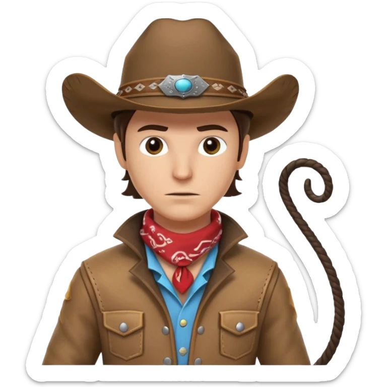 cowboy with a whip portrait, head and shoulders only, cowboy hat, bandana, western jacket collar, whip coiled over shoulder, confident expression, 3D cartoon, mobile game icon style, clean background, no text, no watermark
 sticker