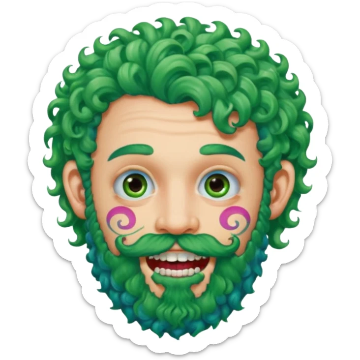 very colorful puffy green curly haired man just beard  no mustache made out of candy wearing teeth-braces and excessive face tattoos just face  sticker