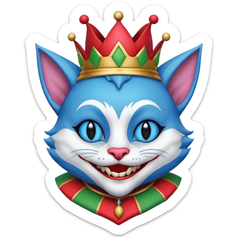 crazy colorful cute little cat jolly joker from poker, medieval, vintage, court jester, mac os icon, blue color sticker