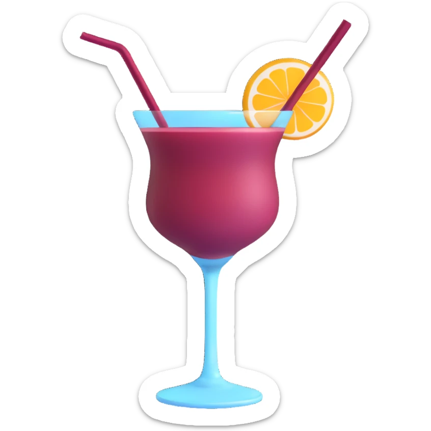 3D emoji style cocktail glass with burgundy drink and a swirl straw sticker