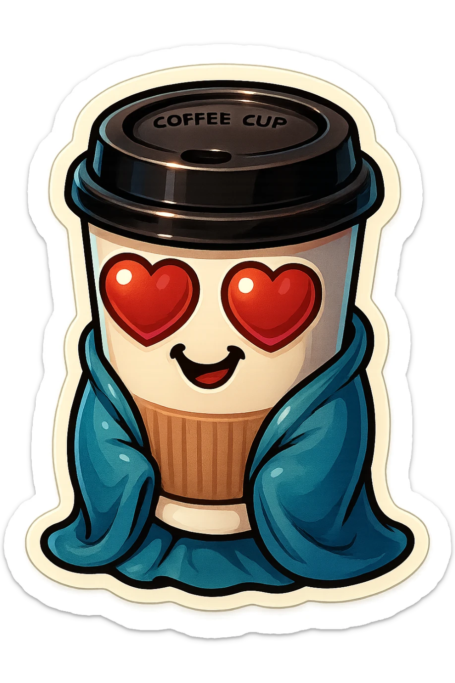 Ink wash style, coffee cup creature, big heart eyes, dopey smile sticker