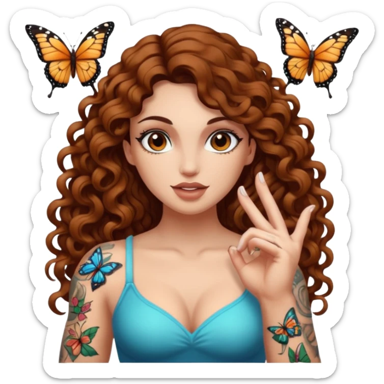 portrait woman long curly brown hair brown eyes white skin tattoos muscular build butterfly landing on finger sticker