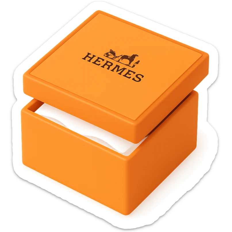 3D style orange Hermès box, slightly open with tissue paper inside, Hermès logo on the center, same square shape and proportions as reference, minimal, on white or transparent background, more variations of the box with these details sticker