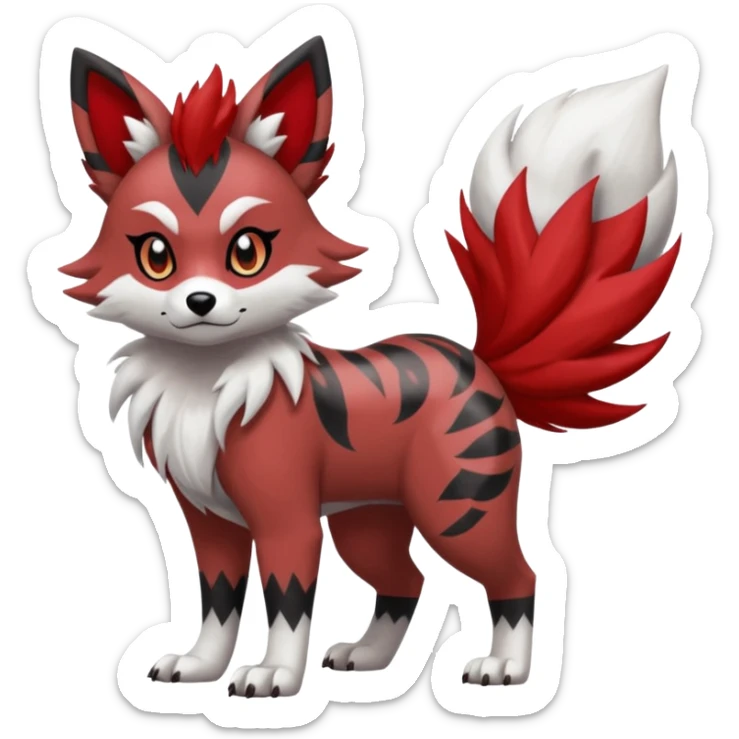 Red Lycanroc-Furret-Zorua-Poochyena-fusion, full body, with black and white edgy markings patterns sticker