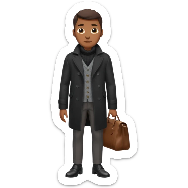 Handsome Black guy with brown skin tone, wearing black slacks, a gray sweater, long brown pea coat, and black shoes sticker