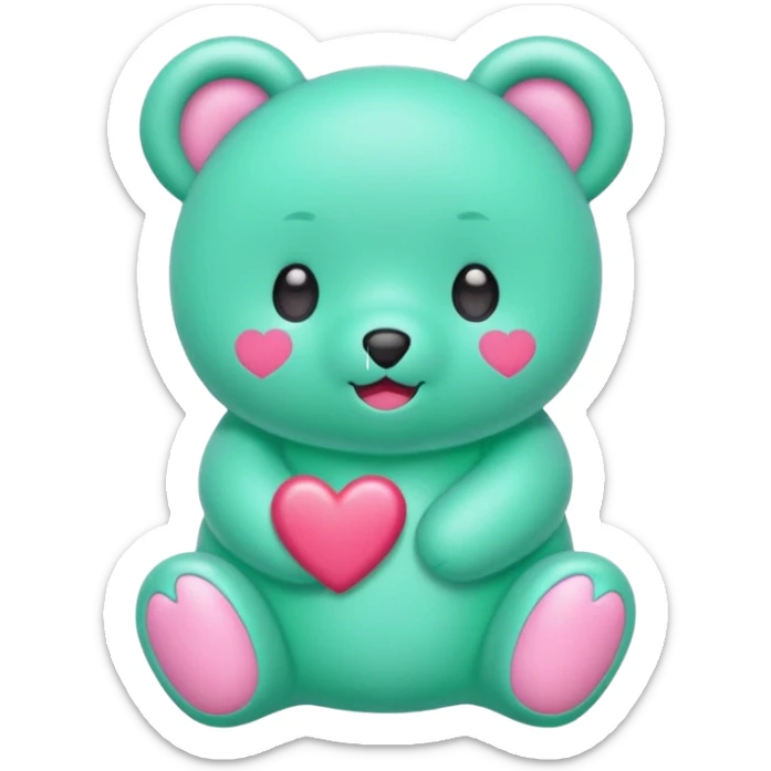 Oso gummy color verde agua  corazón rosa kawaii con cuerpo entero sticker