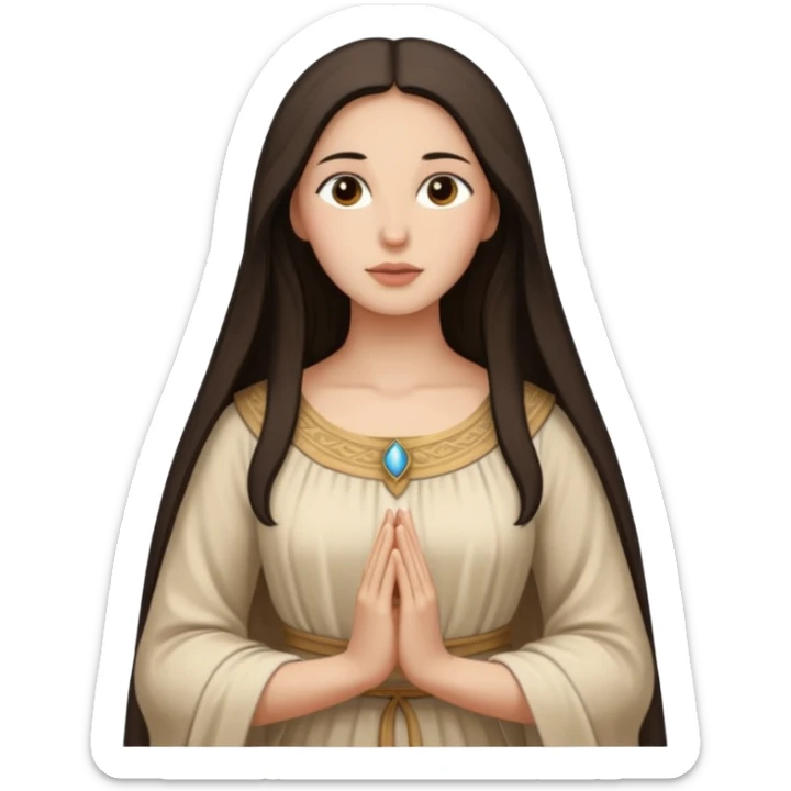 fullbody Mary Magdalene, fit and feminine, very pretty detailed face, plain light tan ancient dress, arms down, no hood, dark hair sticker