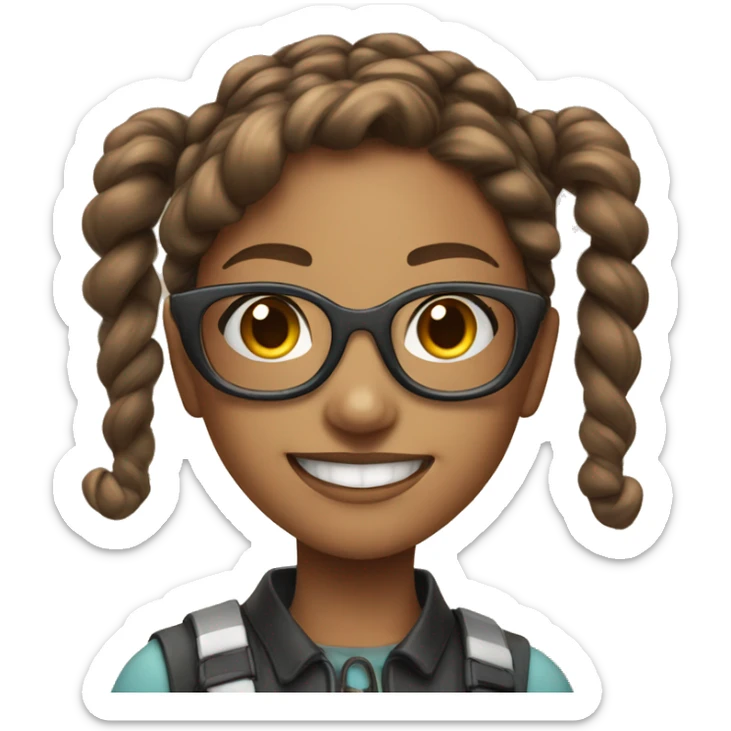 Brown haired young lady with long pigtails, futuristic glasses and a smile sticker