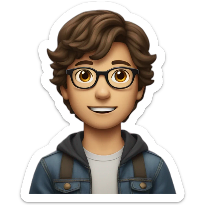 a 12-year-old boy with brown hair and glasses performs on the stage of the theater sticker